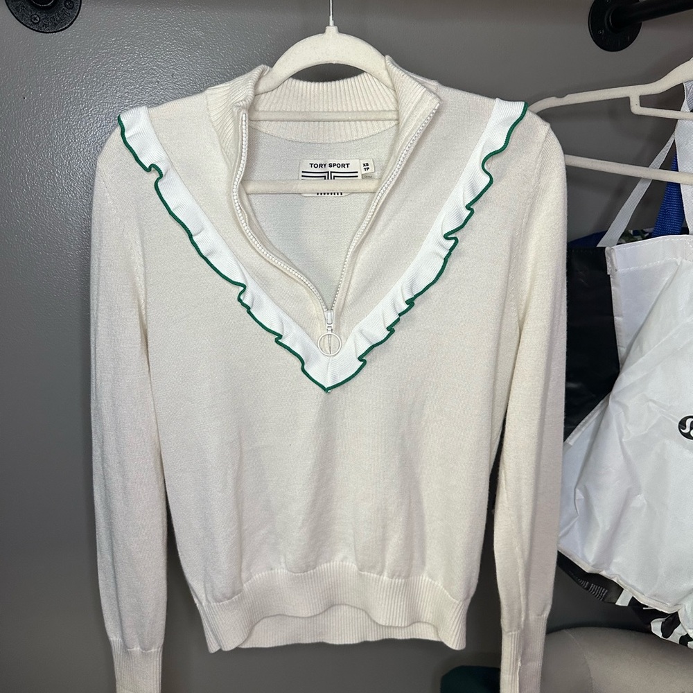 Tory Sport Cream V-Neck Sweater with Scalloped Trim